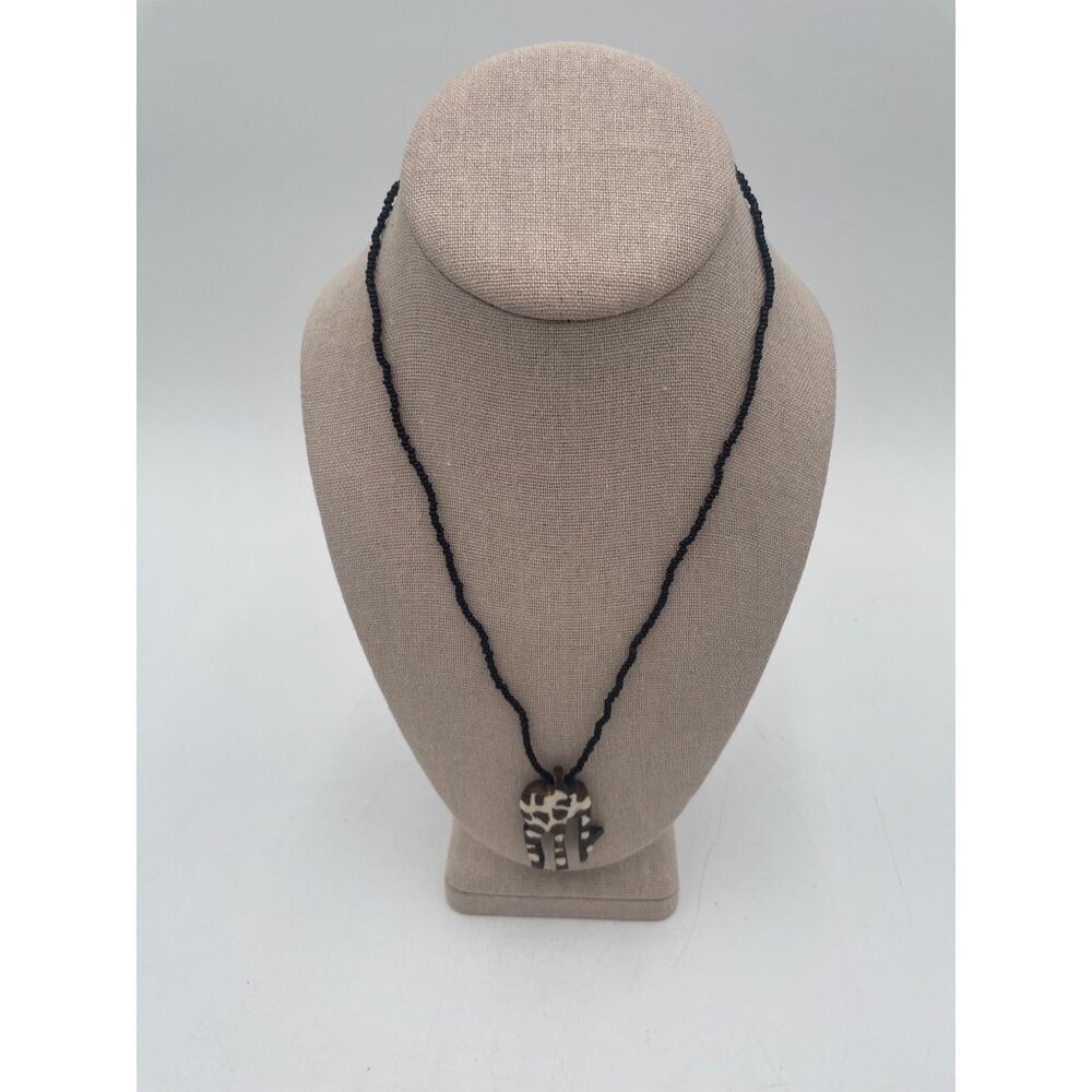 Handmade Beaded Necklace Carved Giraffe Pendant & Gold Clasp